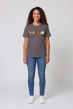 Woman wearing a charcoal wiener dog Halloween parade t-shirt with five dachshunds dressed as hot dog, mummy, witch, pumpkin and ghost, front view
