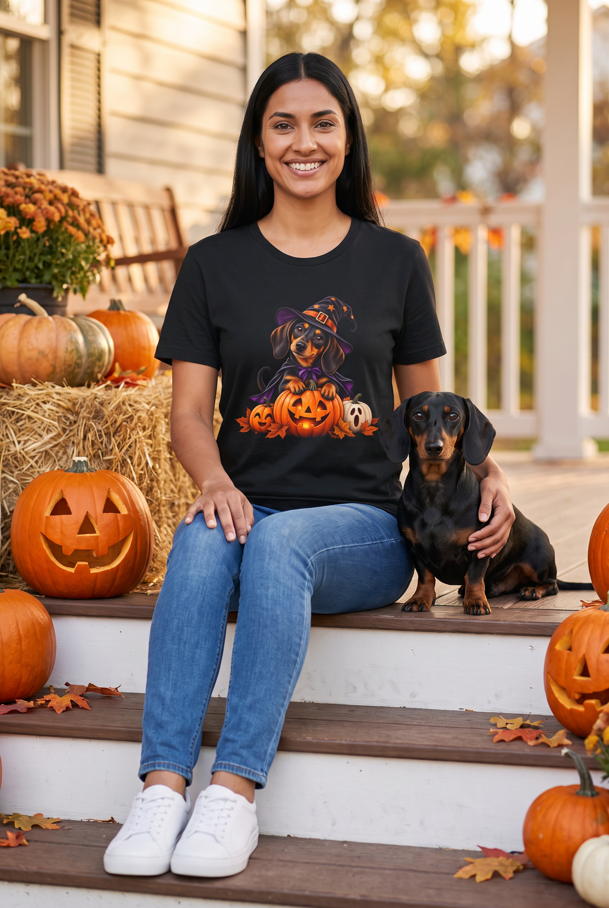 Frau im Dackel Hexen Halloween T-Shirt in Schwarz mit Dackel in Hexenhut und Umhang auf einer leuchtenden Kürbislaterne, auf einer Herbstveranda mit einem schwarz-roten Dackel und Kürbissen