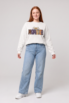 Woman wearing the Momster Halloween sweatshirt in white, front view. Color: White
