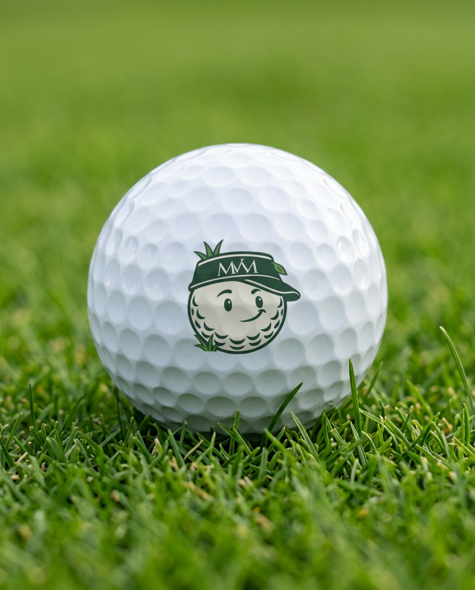 Rough Day golf ball in forest green and cream print, close-up on green grass