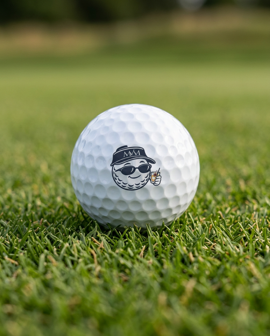 19th Hole golf ball in navy and cream print, close-up on green grass