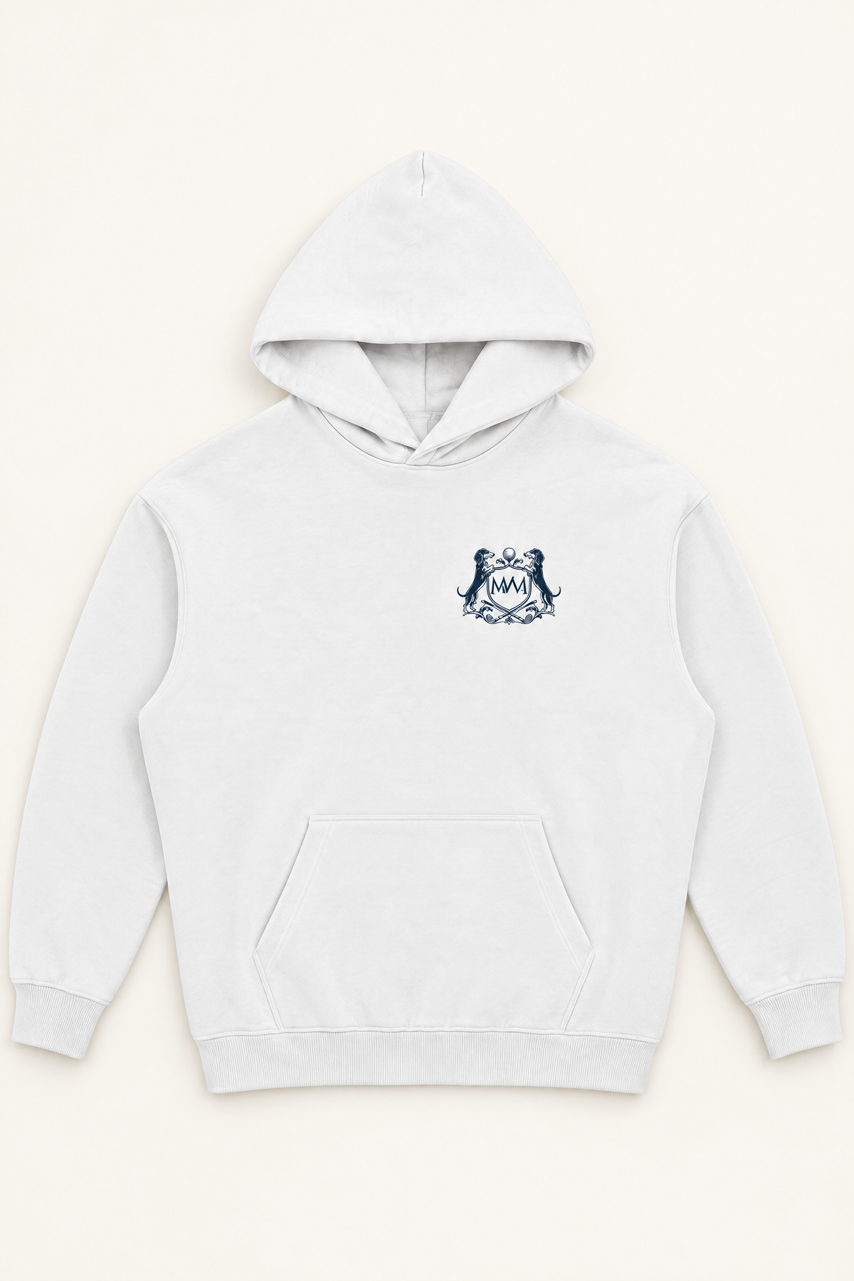Front of the white Club Crest hoodie with a small navy Golf & Dachshund Club crest on the left chest, laid flat