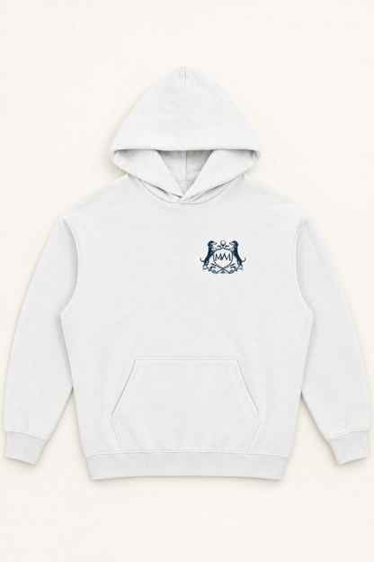 Front of the white Club Crest hoodie with a small navy Golf & Dachshund Club crest on the left chest, laid flat
