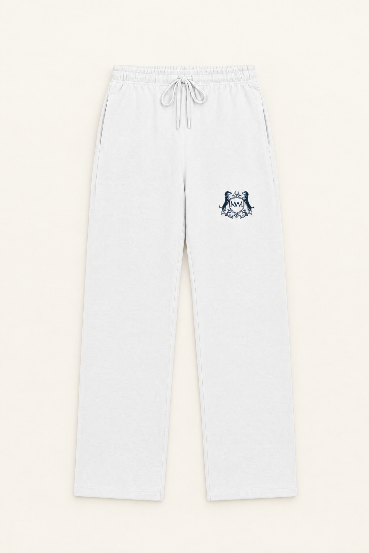 Flat lay of white straight-leg Club Crest sweatpants with the small navy crest on the upper thigh
