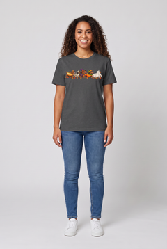 Woman wearing a dark heather wiener dog Halloween parade t-shirt with five dachshunds dressed as hot dog, mummy, witch, pumpkin and ghost, front view
