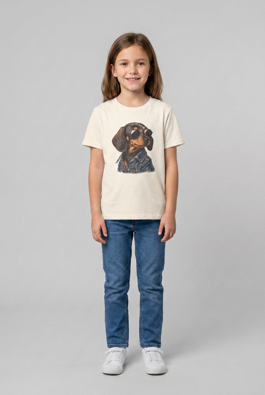 Mädchen trägt das naturfarbene Dackel Kinder T-Shirt mit dem Hundemotiv auf der Brust