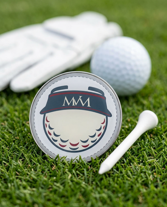 Visor Ball golf ball marker in navy and burgundy print on grass with a wooden tee and golf glove