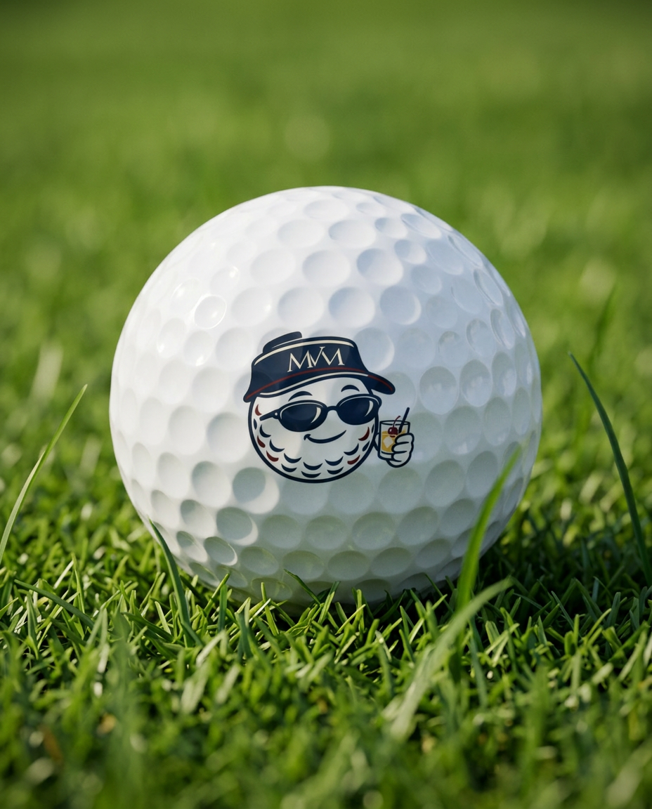 19th Hole golf ball in navy and burgundy print, close-up on green grass