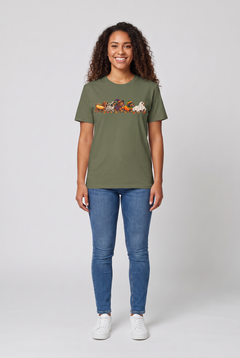 Woman wearing a military green wiener dog Halloween parade t-shirt with five dachshunds dressed as hot dog, mummy, witch, pumpkin and ghost, front view