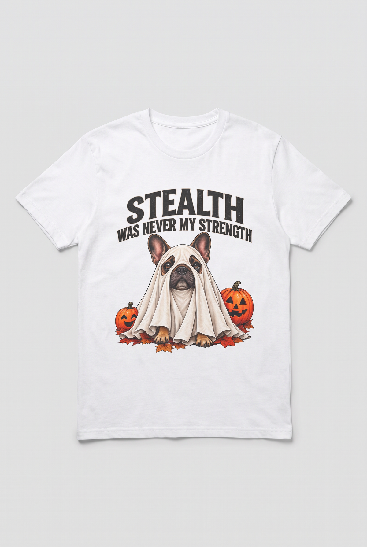 Flat Lay: Französische Bulldogge Halloween T-Shirt in Weiss mit Frenchie-Gespenst und dem Spruch Stealth Was Never My Strength