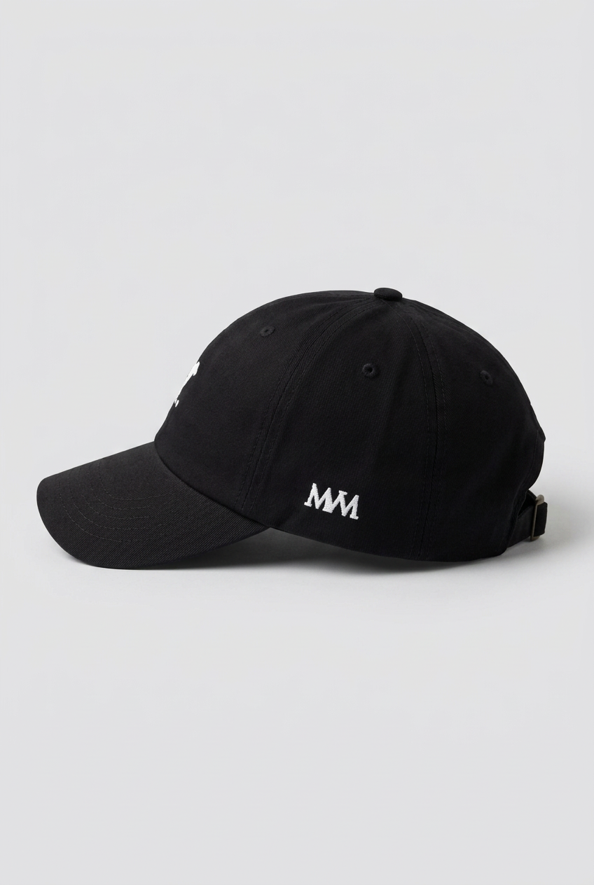 Color: Black. Golf cap, angled side view with white Swing dachshund and MVM monogram