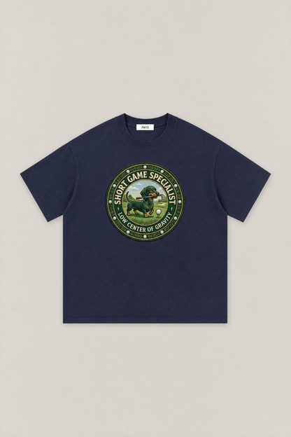Short Game Crest Dachshund Golf Tee in navy, flat lay front view. Color: Navy