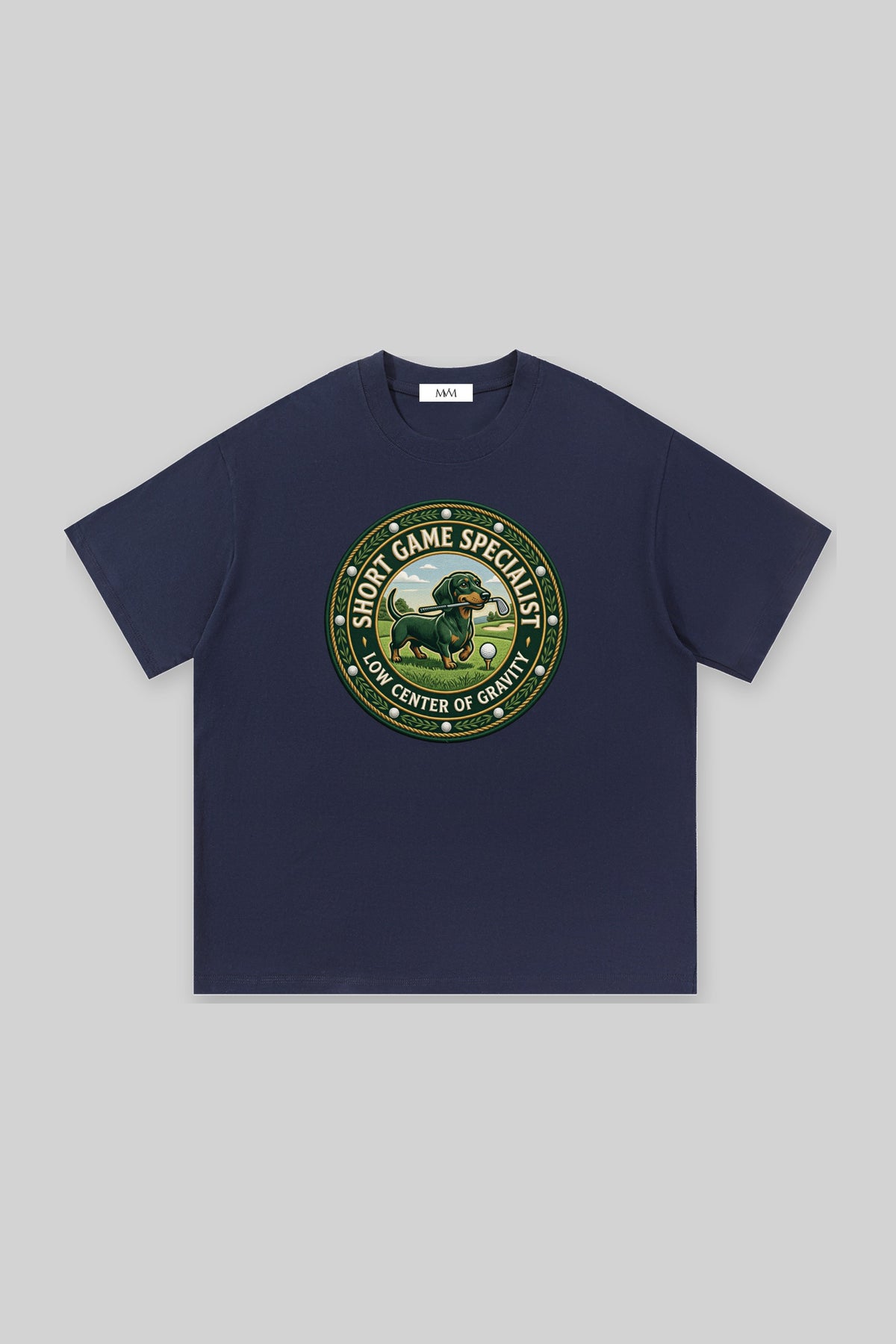 Short Game Crest Dachshund Golf Tee in navy, front view