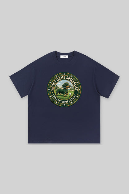 Short Game Crest Dachshund Golf Tee in navy, front view