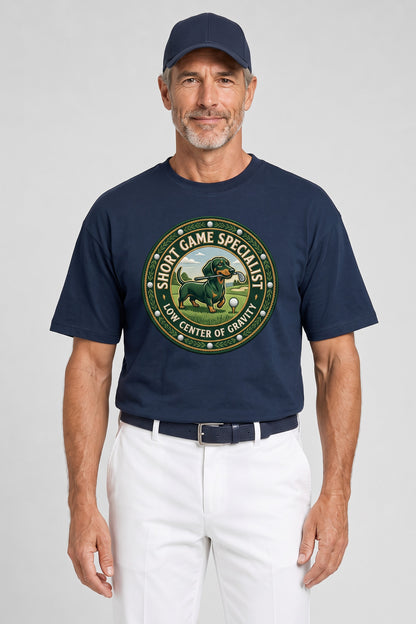 Man wearing the Short Game Crest Dachshund Golf Tee in navy