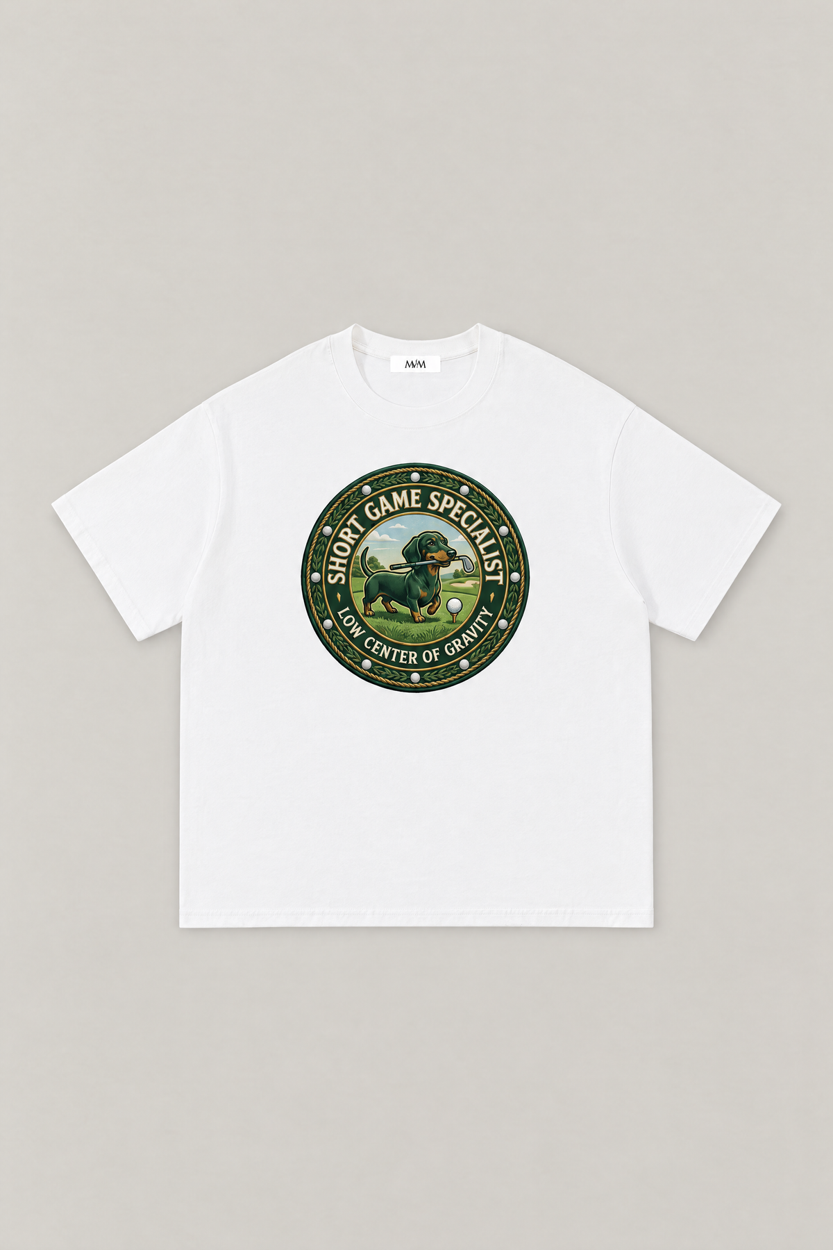 Short Game Crest Dachshund Golf Tee in white, flat lay front view. Color: White