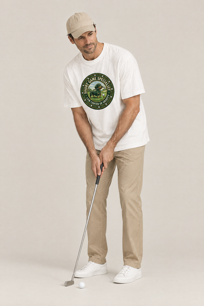 Man lining up a putt in the white Short Game Crest Dachshund Golf Tee. Color: White