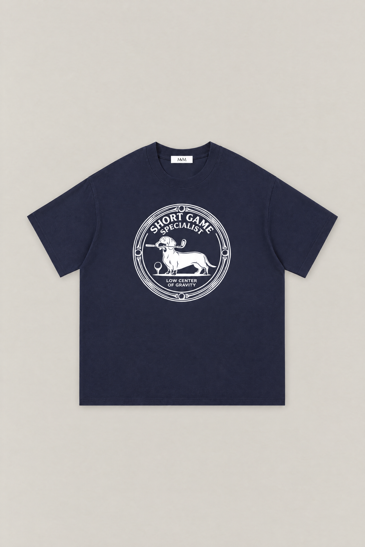 Short Game Specialist Dachshund Golf Tee in navy, flat lay front view. Color: Navy