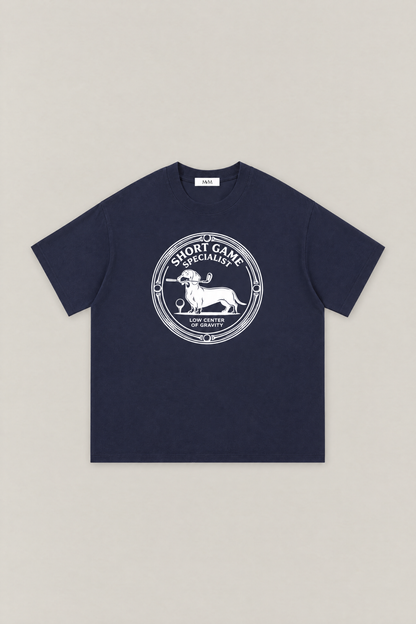 Short Game Specialist Dachshund Golf Tee in navy, flat lay front view. Color: Navy