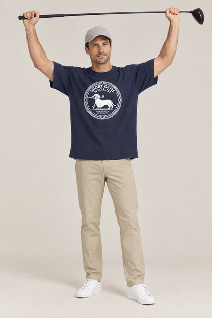 Man stretching with a driver above his head in the navy Short Game Specialist Dachshund Golf Tee. Color: Navy