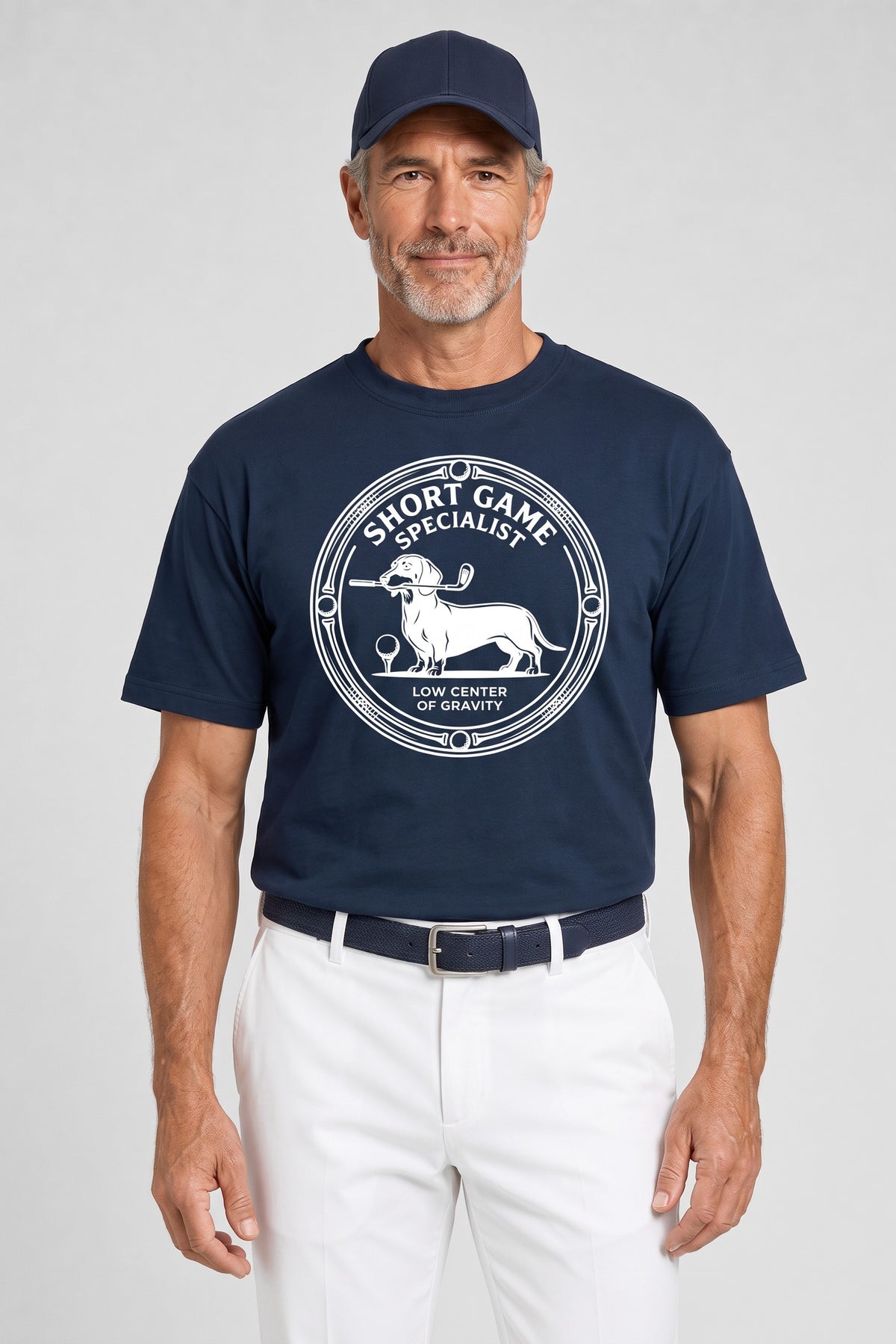 Man wearing the Short Game Specialist Dachshund Golf Tee in navy