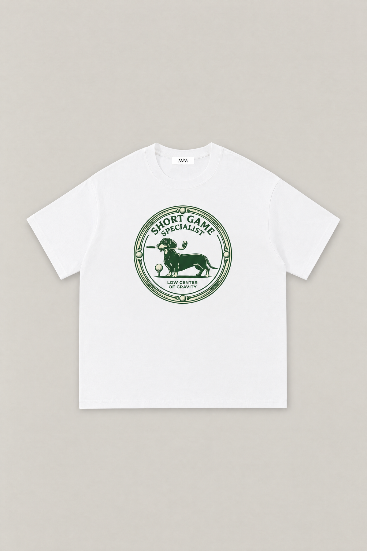 Short Game Specialist Dachshund Golf Tee in white, flat lay front view. Color: White
