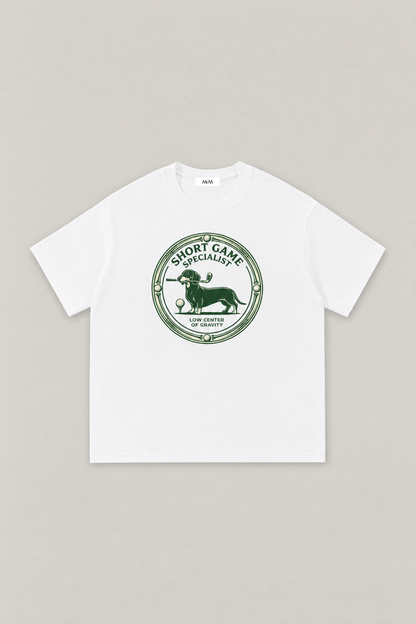 Short Game Specialist Dachshund Golf Tee in white, flat lay front view. Color: White