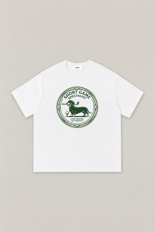 Short Game Specialist Dachshund Golf Tee in white, flat lay front view. Color: White