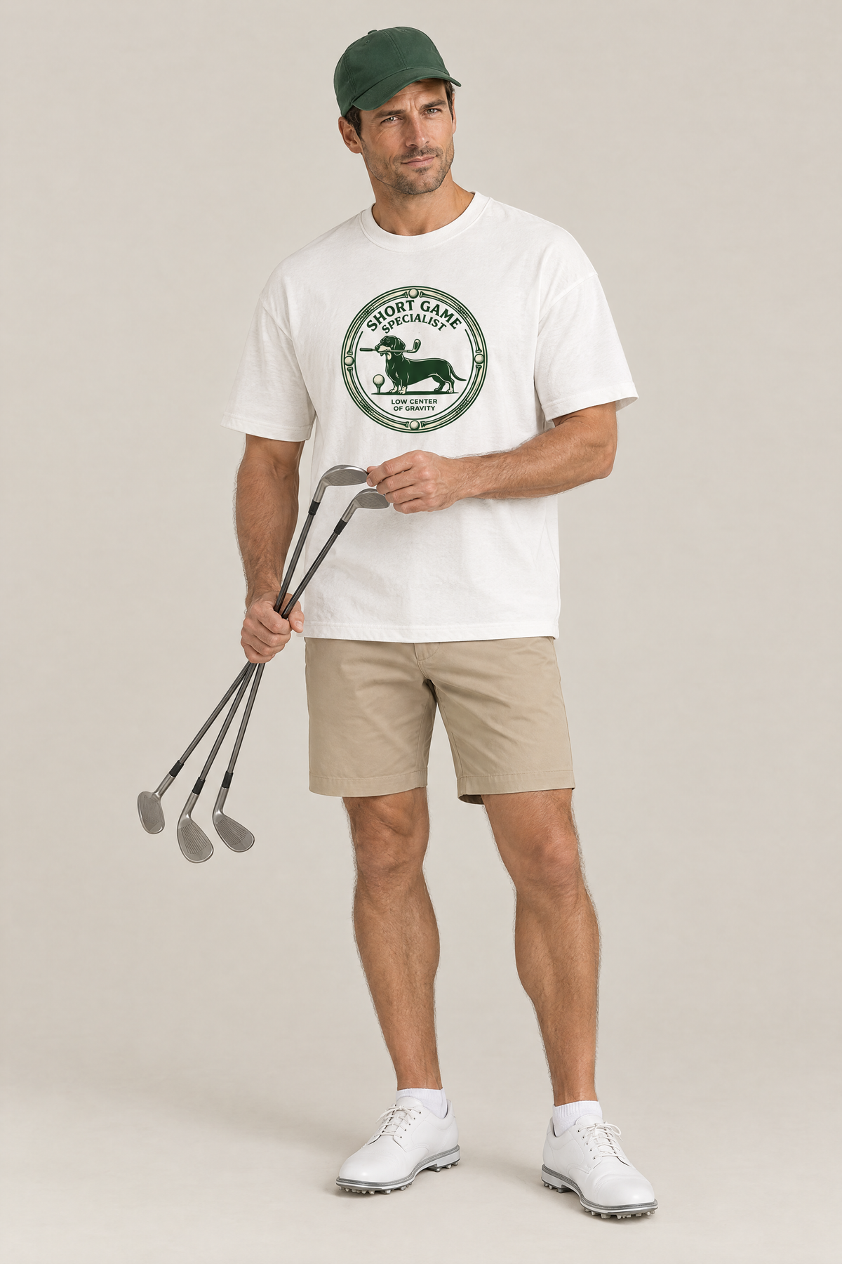 Man choosing a golf club in the white Short Game Specialist Dachshund Golf Tee. Color: White