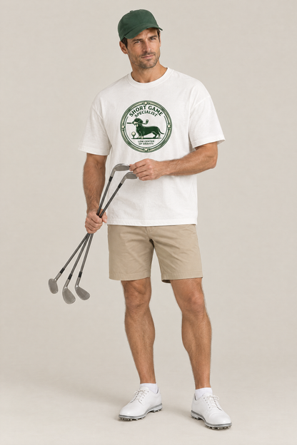 Man choosing a golf club in the white Short Game Specialist Dachshund Golf Tee. Color: White