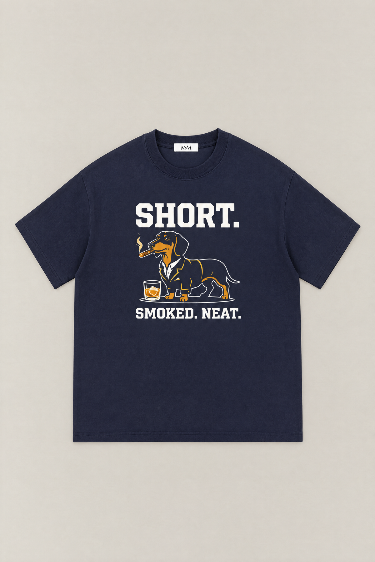 Short Smoked Neat Dachshund Tee in navy, flat lay front view. Color: Navy