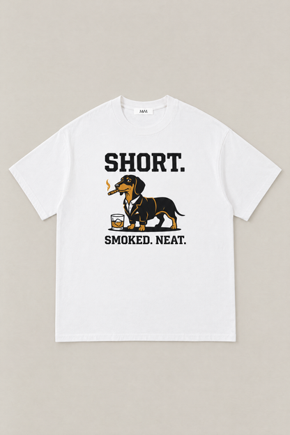 Short Smoked Neat Dachshund Tee in white, flat lay front view. Color: White