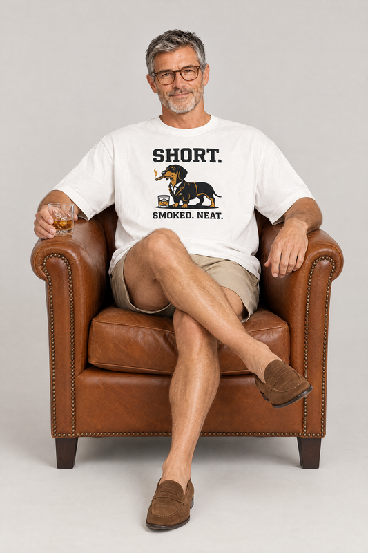 Man relaxing in a leather club chair with a whisky in the white Short Smoked Neat Dachshund Tee. Color: White