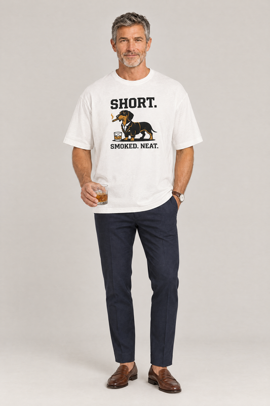 Man holding a whisky tumbler in the white Short Smoked Neat Dachshund Tee with navy trousers and loafers. Color: White