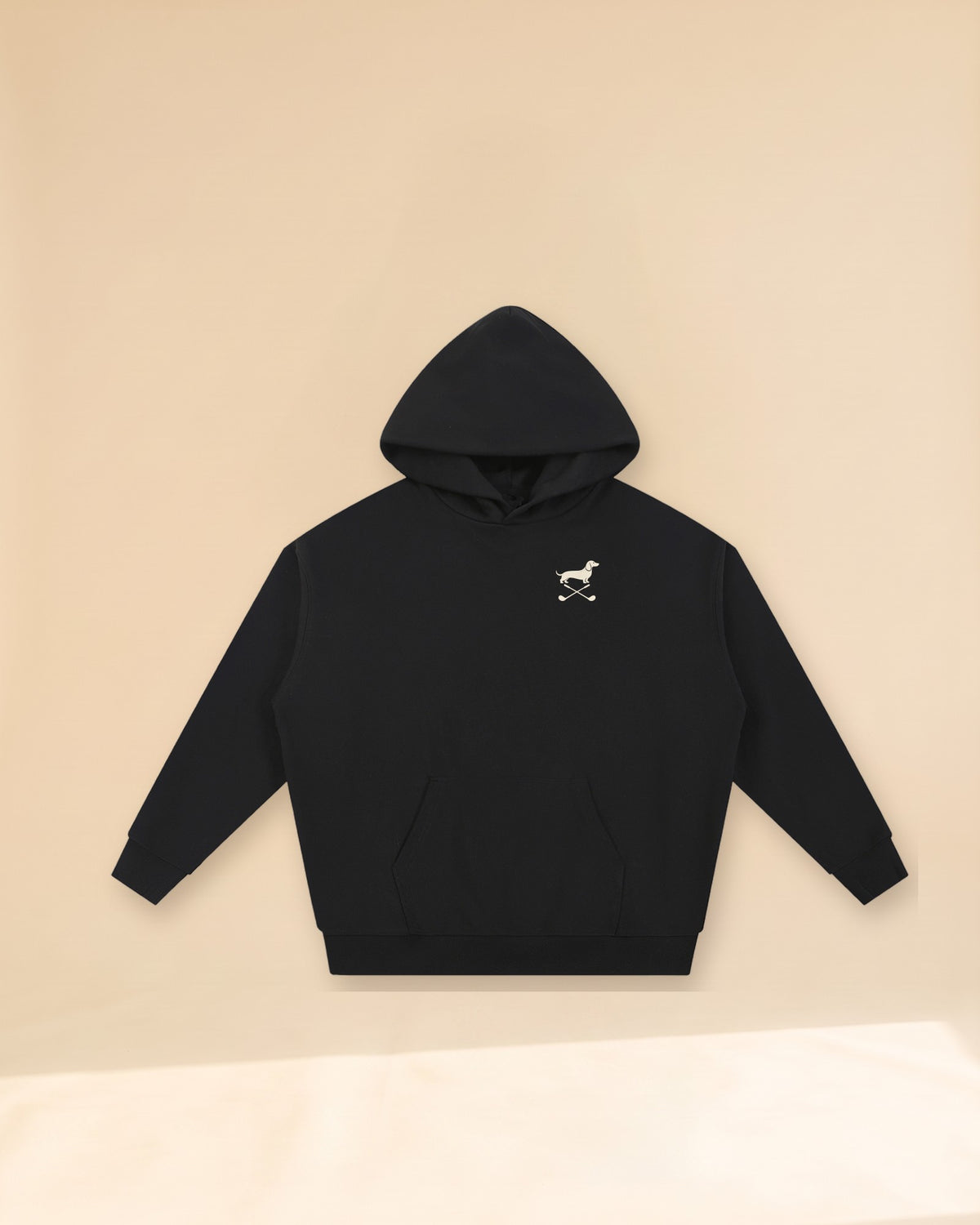 Club & Swing dachshund golf hoodie, front flatlay. Color: Black