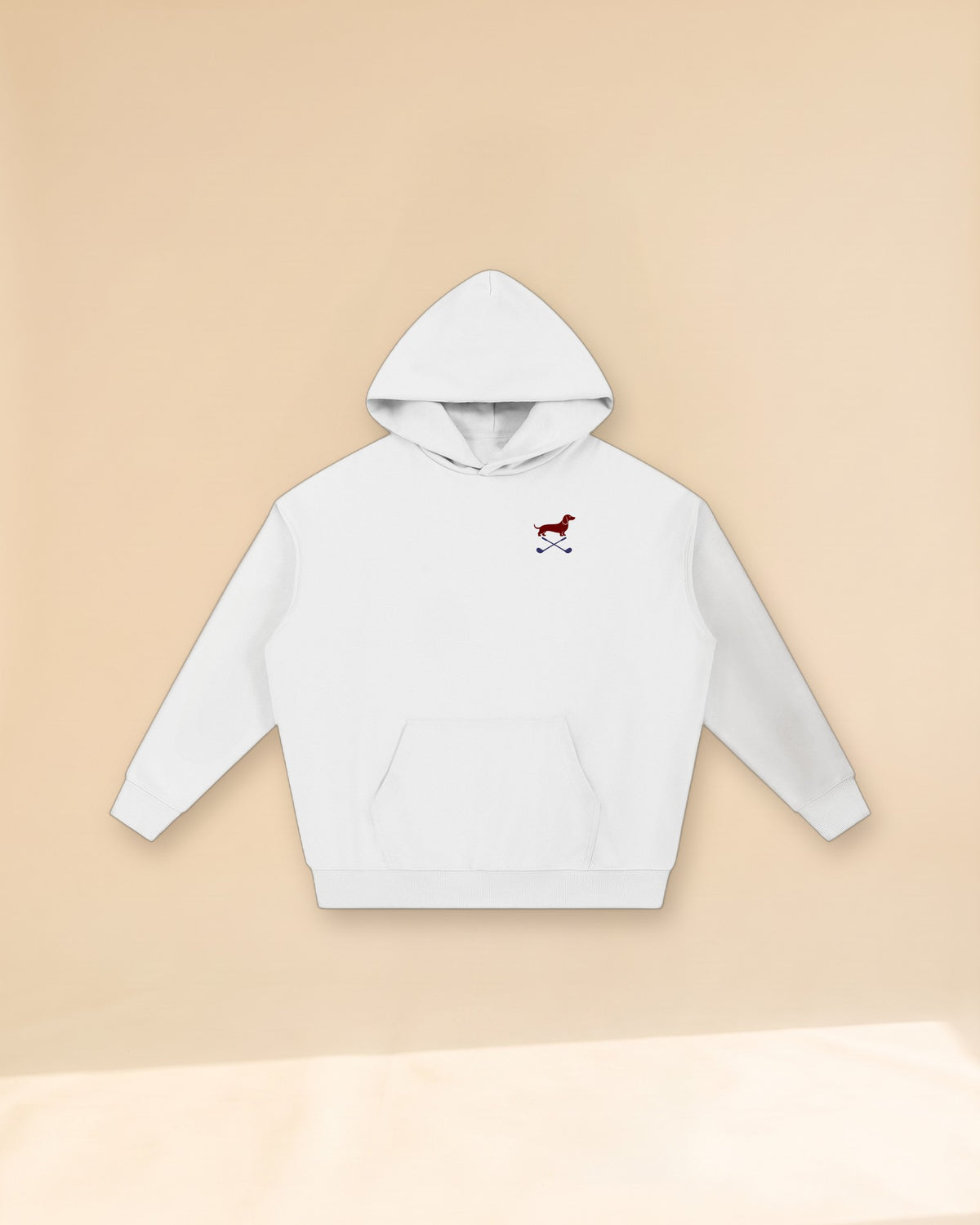 Club & Swing dachshund golf hoodie, front flatlay. Color: White