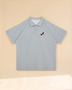 Putting dachshund golf polo, front flatlay. Color: Flower Gray