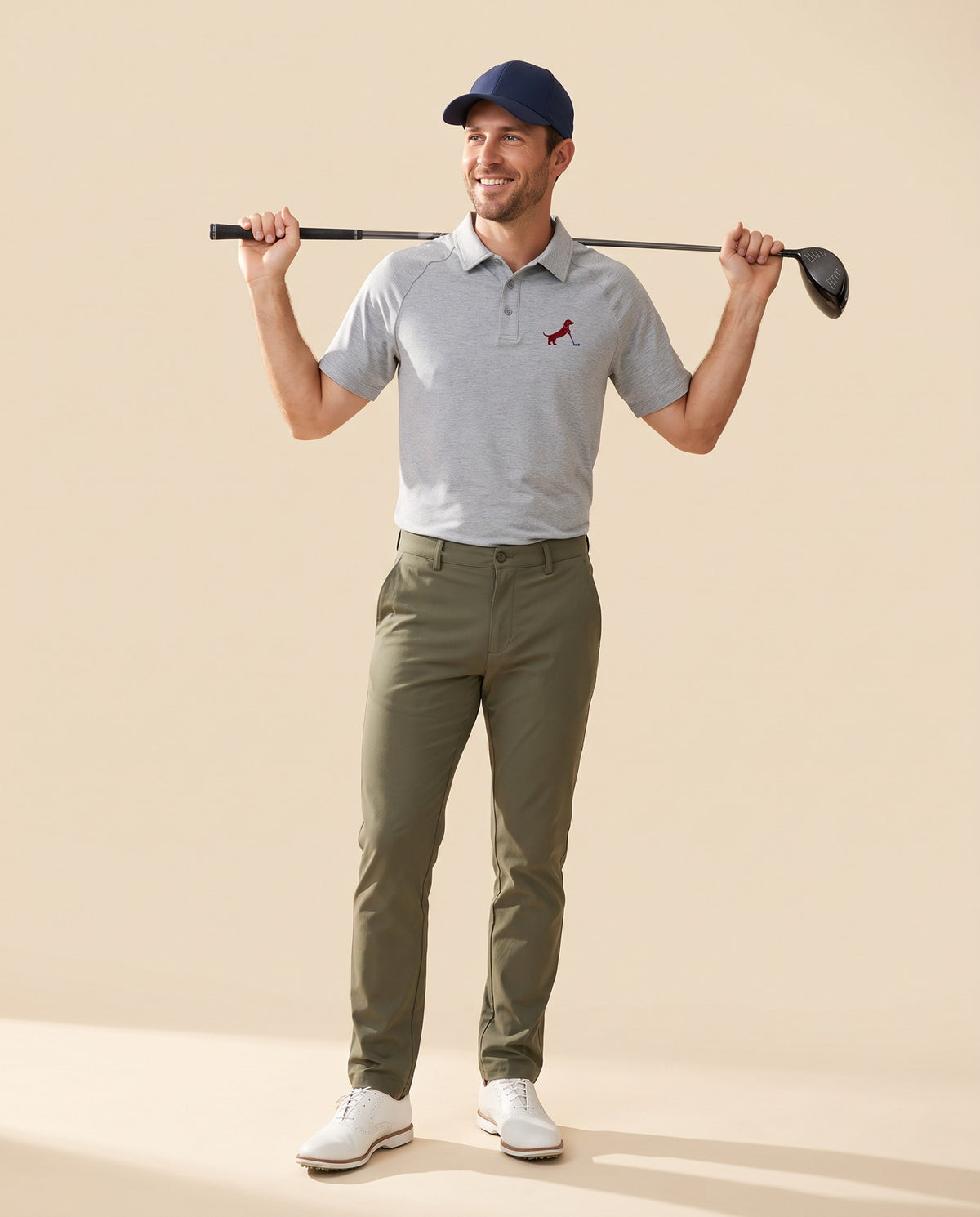 Man wearing Putting dachshund golf polo, full-body studio look. Color: Flower Gray
