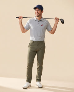 Man wearing Putting dachshund golf polo, full-body studio look. Color: Flower Gray