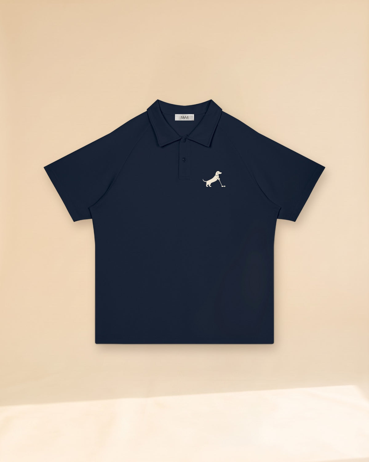 Putting dachshund golf polo, front flatlay. Color: Navy Blue