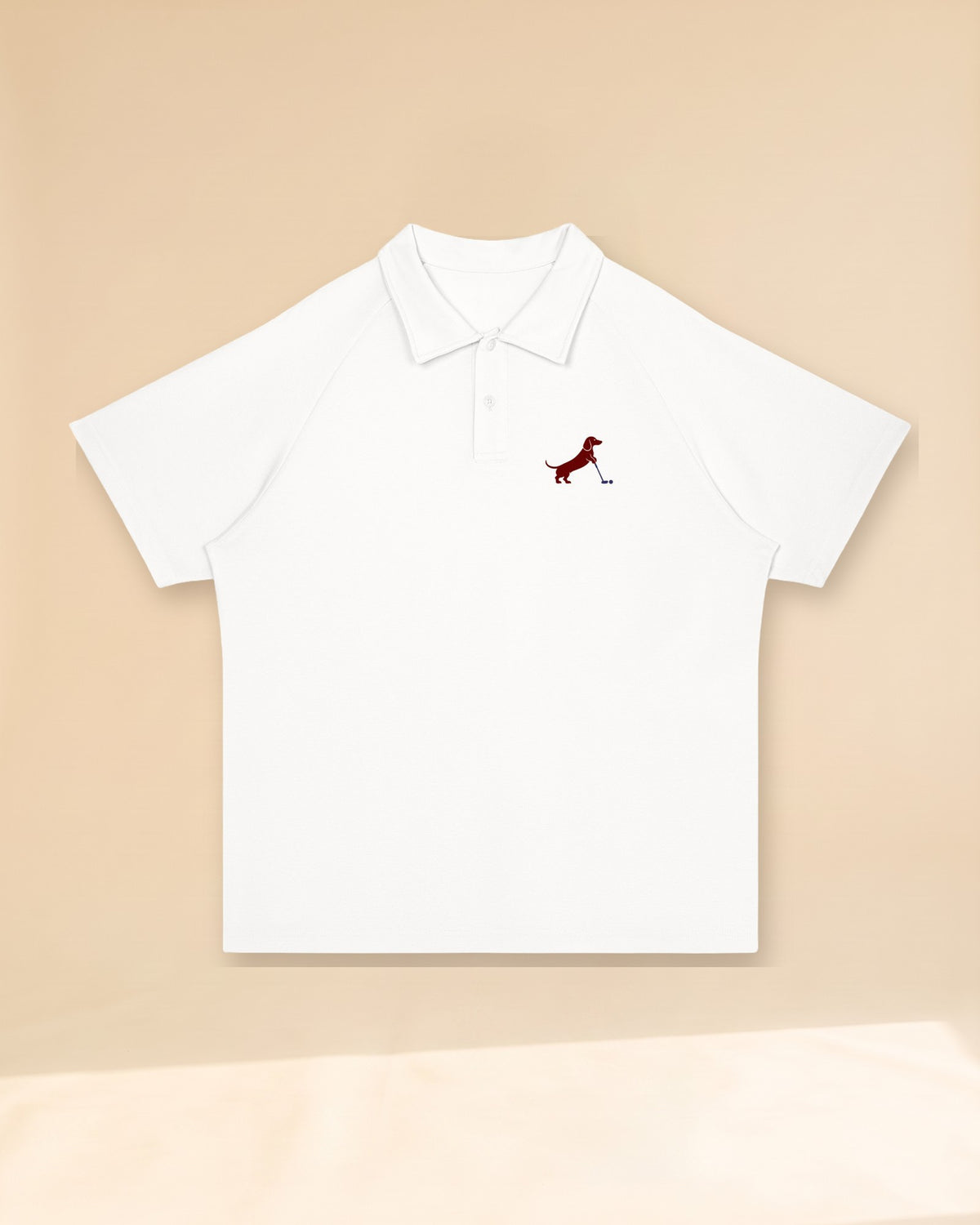 Putting dachshund golf polo, front flatlay. Color: White