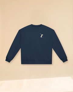 Swing dachshund golf sweatshirt, front flatlay. Color: Navy