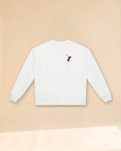 Swing dachshund golf sweatshirt, front flatlay. Color: White