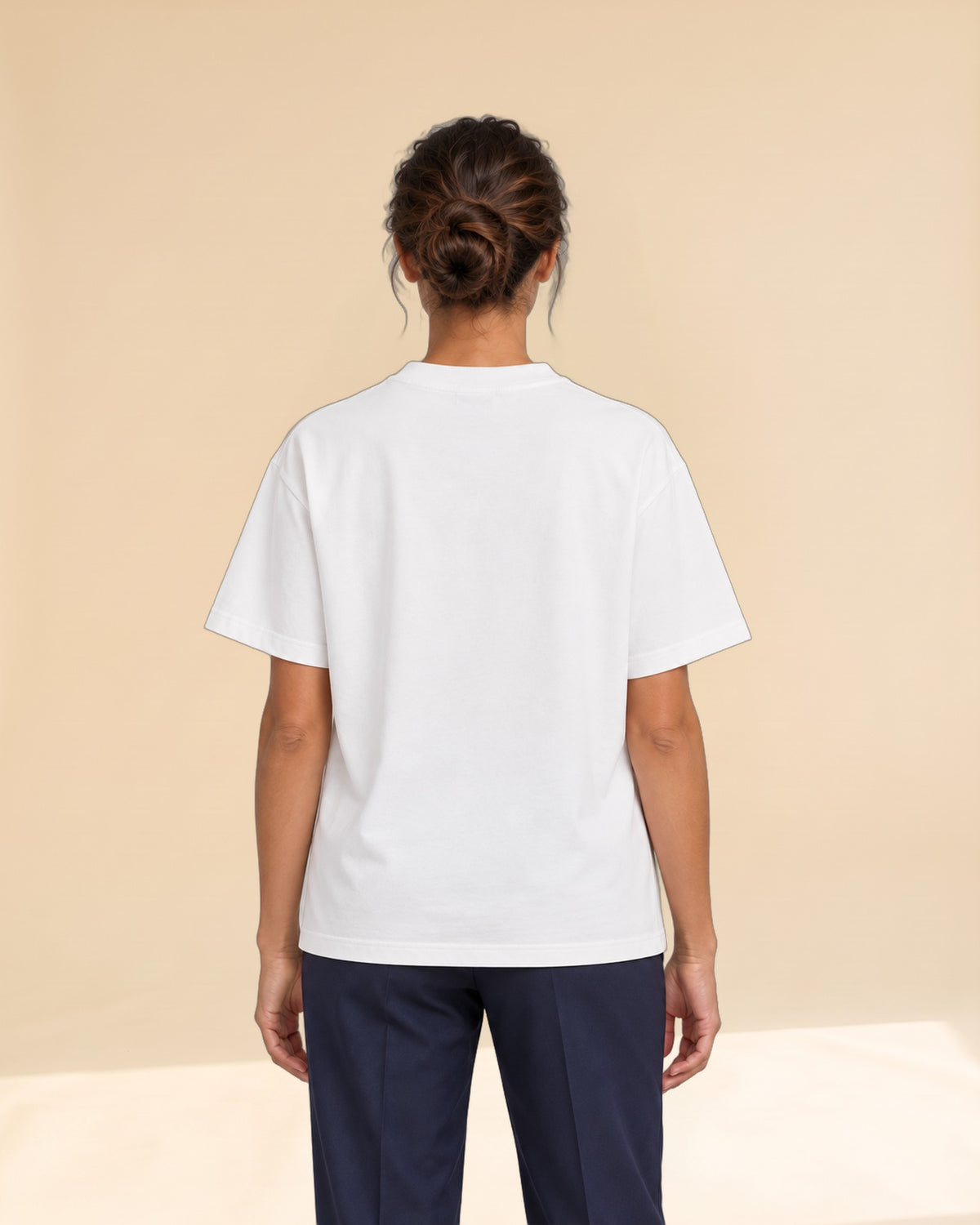 Woman wearing Putting dachshund golf T-shirt, back studio view. Color: White