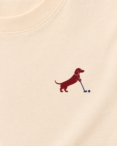 Putting dachshund golf T-shirt print detail. Color: Apricot