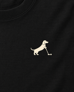 Putting dachshund golf T-shirt print detail. Color: Black