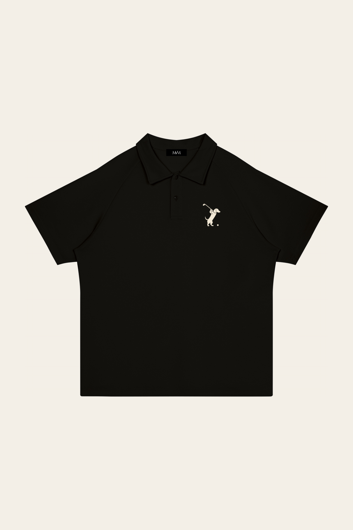 Black Swing dachshund golf polo laid flat, front view on warm off-white background. Color: Black