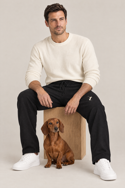 Man sitting on a wooden box with a red dachshund in black Swing dachshund golf sweatpants with the small cream dachshund golfer on the thigh and a cream knit sweater. Color: Black