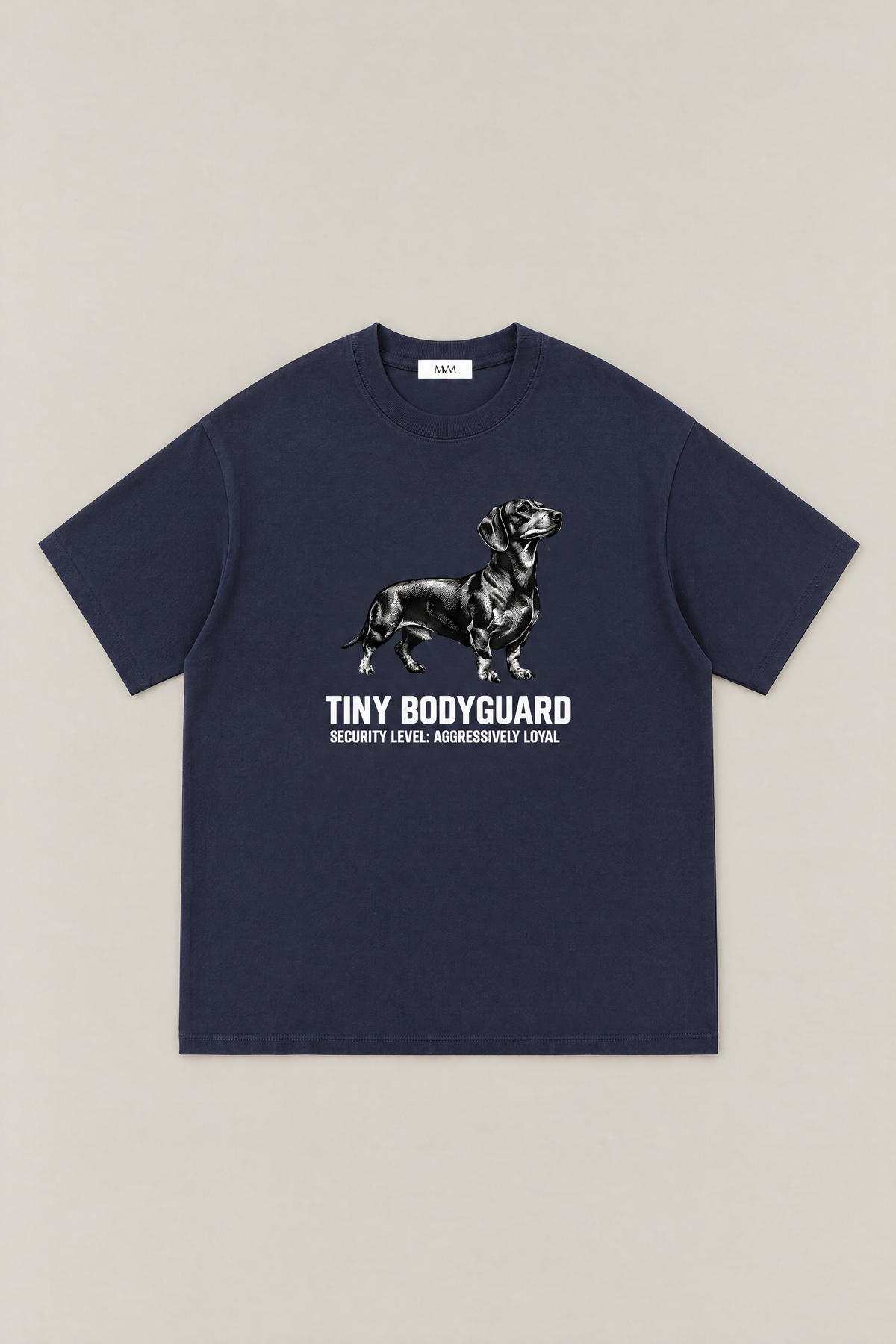 Tiny Bodyguard Dachshund Tee in navy, flat lay front view. Color: Navy