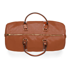 Color: Cognac. Swing Dachshund golf travel bag in cognac, top view with gold-colored zipper and brown PU handles.